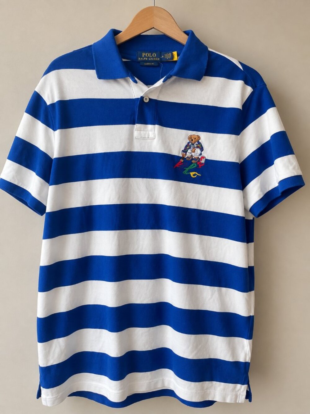 Polo Ralph Lauren Men’s Medium Blue White Stripe Artist Painter Polo Bear Shirt